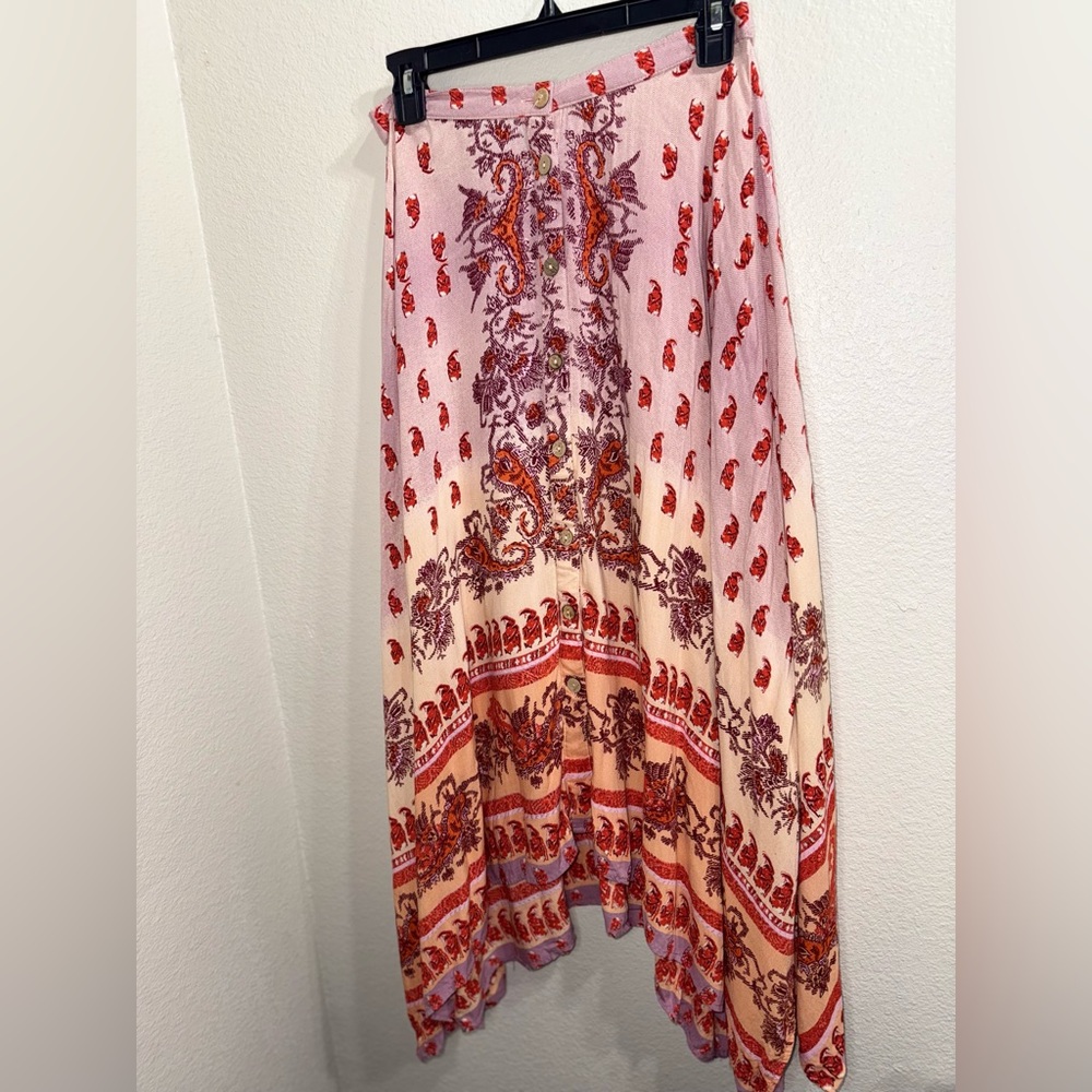Angie Boho Paisley Midi Skirt Pink Rayon Hanky Hem Festival Y2K Chic- Large - Picture 4 of 7